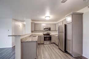Duluth apartment for rent - A kitchen with a refrigerator, oven, and microwave.