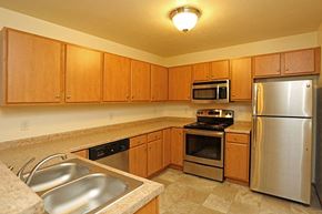 Greenville apartment for rent - a kitchen with stainless steel appliances and wooden cabinets
