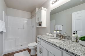 Union Grove apartment for rent - A white bathroom with a marble counter top and a white toilet.