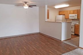 Ottumwa apartment for rent - an empty living room with a kitchen and a ceiling fan