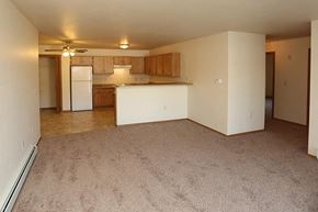 Platteville apartment for rent - an empty living room and kitchen with a white refrigerator