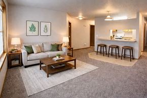 Rock Falls apartment for rent - A living room with a couch, coffee table, and bar stools.