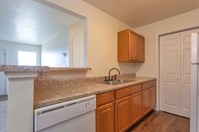 Garden City apartment for rent - A kitchen with wooden cabinets and a granite countertop.