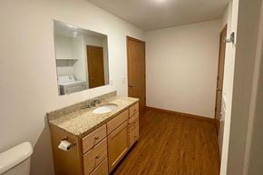 Viroqua apartment for rent - A bathroom with a sink, mirror, and wooden cabinets.