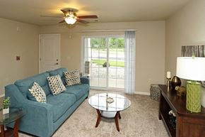 Mukwonago apartment for rent - a living room with a blue couch and a ceiling fan