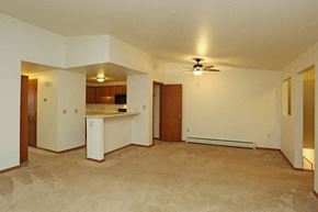 Appleton apartment for rent - A spacious living room with a kitchen in the background.