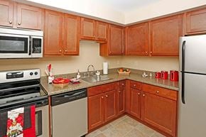 Port Huron apartment for rent - a kitchen with wooden cabinets and stainless steel appliances