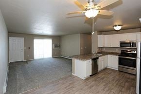 Oconto apartment for rent - an empty kitchen and living room with a ceiling fan