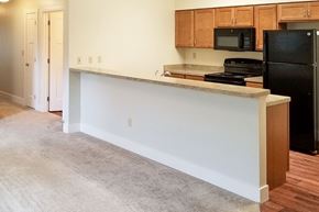 Spiceland apartment for rent - A kitchen with a black refrigerator and a white counter.