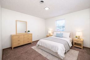 Terre Haute apartment for rent - A bedroom with a bed, nightstands, and a dresser.
