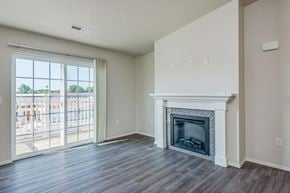 Sturgeon Bay apartment for rent - A living room with a fireplace and sliding glass doors.