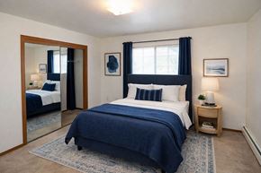 Sturgeon Bay apartment for rent - A bedroom with a large bed and a mirror on the wall.