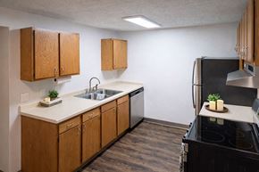 Terre Haute apartment for rent - A kitchen with wooden cabinets and a black stove top.
