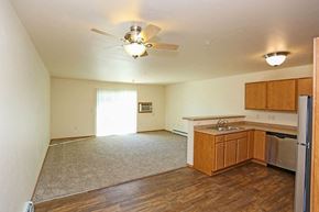 Kiel apartment for rent - an empty kitchen and living room with a ceiling fan
