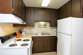 Manitowoc apartment for rent - a kitchen with a stove and a refrigerator