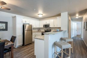 Oshkosh apartment for rent - a kitchen with a bar and a stainless steel refrigerator
