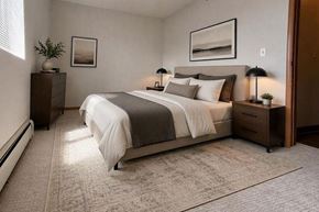 Osceola apartment for rent - A bedroom with a large bed and a rug on the floor.