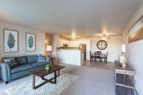 Beaver Dam apartment for rent - A living room with a grey couch, a coffee table, and a clock on the wall.