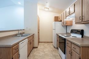 Stevens Point apartment for rent - A kitchen with wooden cabinets and a white fridge.