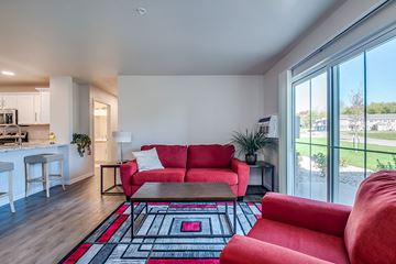 Fox Lake apartment for rent - A living room with a red couch and a black and white rug.