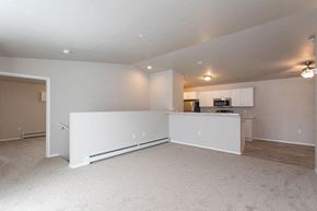Waupaca apartment for rent - A spacious living room with a white cabinet and a carpeted floor.