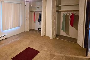 Appleton apartment for rent - A room with a carpet and a closet with clothes hanging.