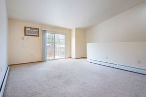 Stevens Point apartment for rent - A room with a carpeted floor and a window with a sliding glass door.