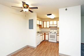 Grinnell apartment for rent - A kitchen with a fan and a blue door.