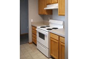 Rock Falls apartment for rent - A white stove top oven with a black griddle on a kitchen counter.
