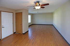 Stewartville apartment for rent - an empty living room with wood floors and a ceiling fan