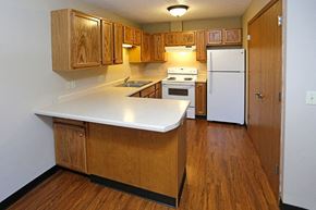 Stewartville apartment for rent - a kitchen with wooden cabinets and a white counter top