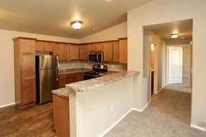 Rhinelander apartment for rent - a kitchen with a counter top and a refrigerator
