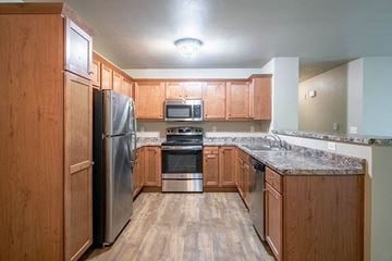 Reedsburg apartment for rent - a kitchen with wooden cabinets and stainless steel appliances