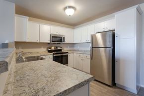 Fox Lake apartment for rent - a kitchen with white cabinets and a stainless steel refrigerator