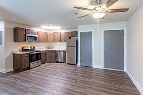 Rochester apartment for rent - an empty kitchen with a ceiling fan and a refrigerator