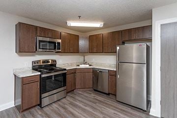 Rochester apartment for rent - a kitchen with stainless steel appliances and wooden cabinets