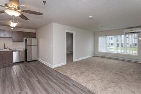 Rochester apartment for rent - an empty living room with a kitchen and a ceiling fan