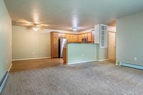 Reedsburg apartment for rent - an empty living room with a kitchen and a ceiling fan