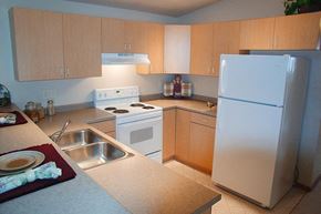 Neenah apartment for rent - a kitchen with a white refrigerator and a sink