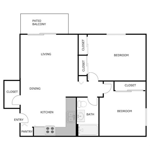 Floor plan for 2 beds, 1 bath, 1000 sqft