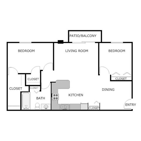 Floor plan for 2 beds, 1 bath, 1100 sqft