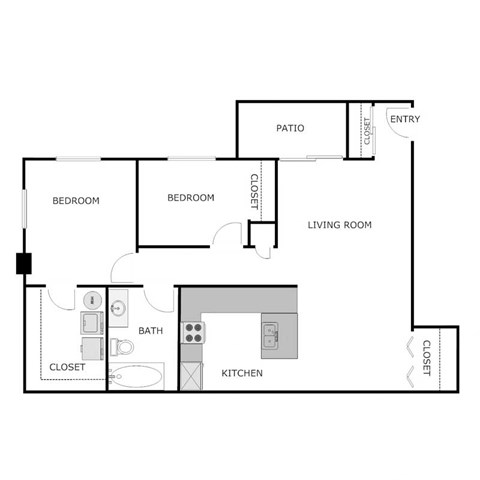 Floor plan for 2 beds, 1 bath, 860 sqft