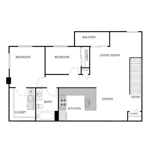 Floor plan for 2 beds, 1 bath, 890 sqft