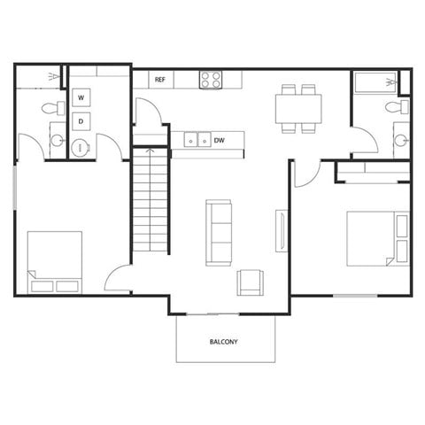 Floor plan for 2 beds, 2 baths, 1075 sqft
