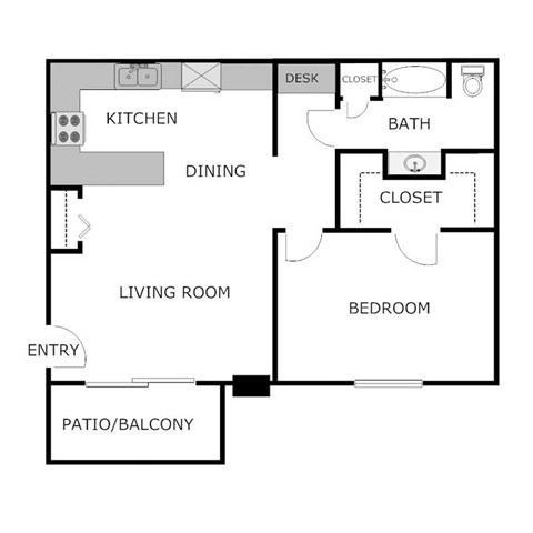 Floor plan for 1 bed, 1 bath, 820 sqft