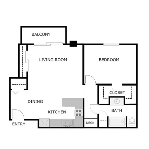 Floor plan for 1 bed, 1 bath, 850 sqft