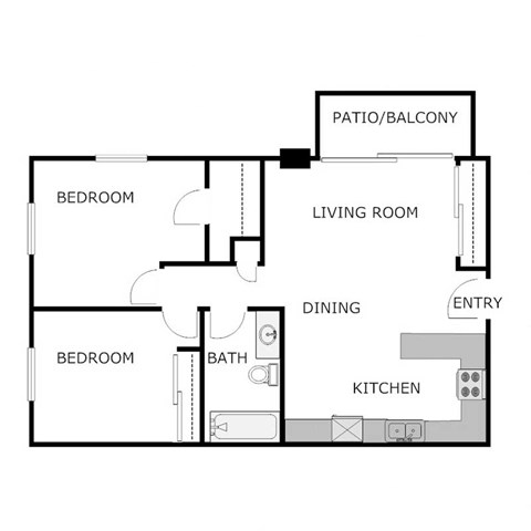 Floor plan for 2 beds, 1 bath, 860 sqft