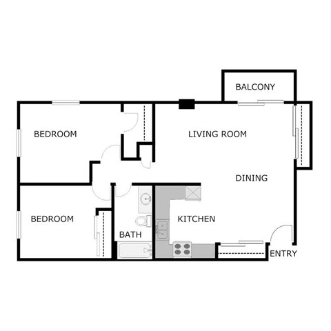 Floor plan for 2 beds, 1 bath, 890 sqft