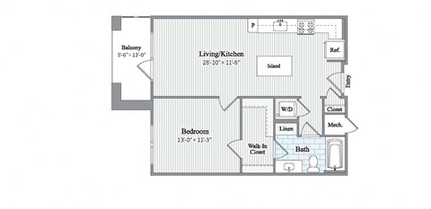 Floor plan for 1 bed, 1 bath, 791 sqft