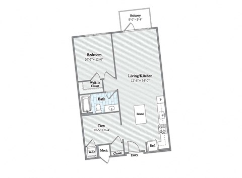 Floor plan for 1 bed, 1 bath, 839 sqft